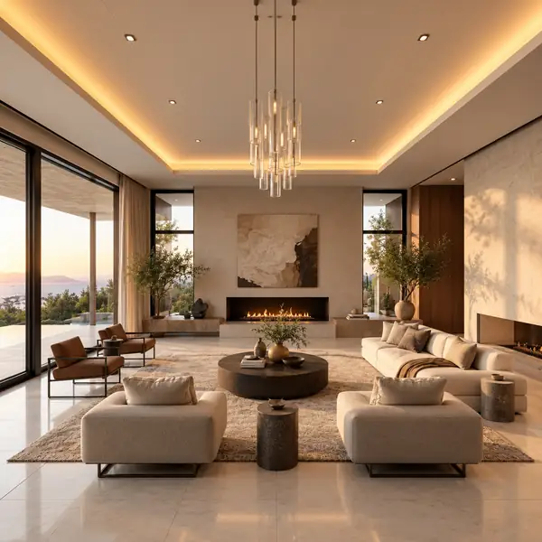 A modern living room with sofas, a fireplace, and broad windows in soft detail.