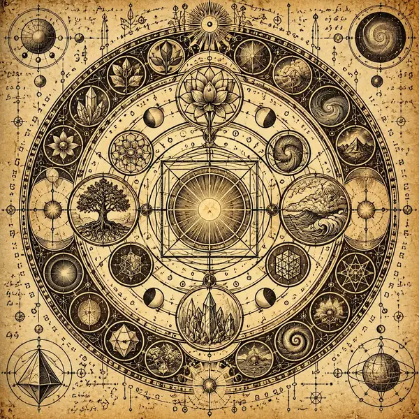 An aged alchemical diagram filled with circular symbols and small lettering.
