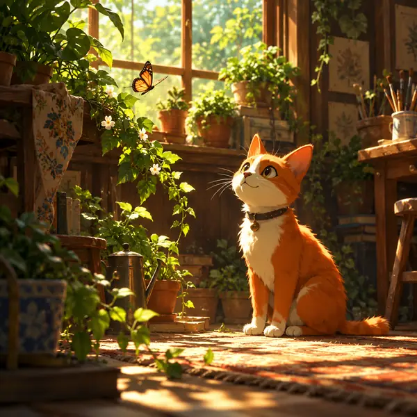 An illustrated orange cat in a softly rendered, sunlit room filled with plants.