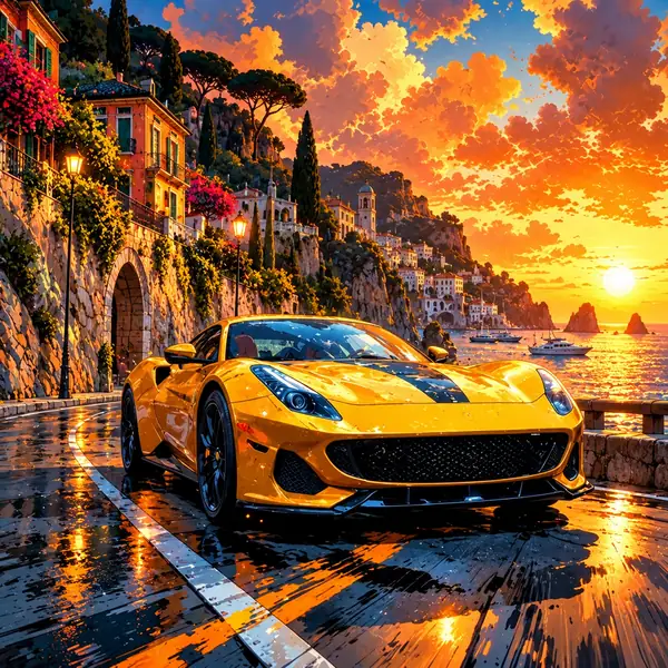 An illustrated yellow sports car on a coastal city road at sunset.