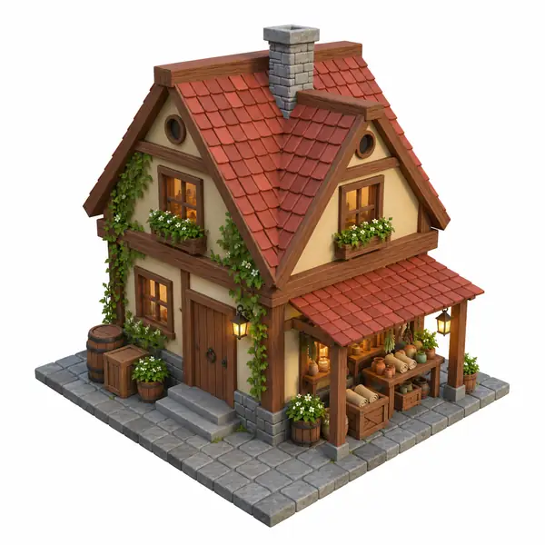 An isometric game asset of a small timber house with a red tiled roof.